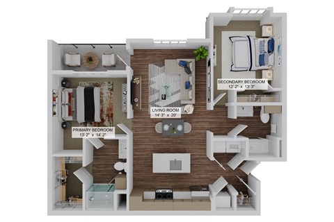 Floor plan for 2 beds, 2 baths, 1193 sqft